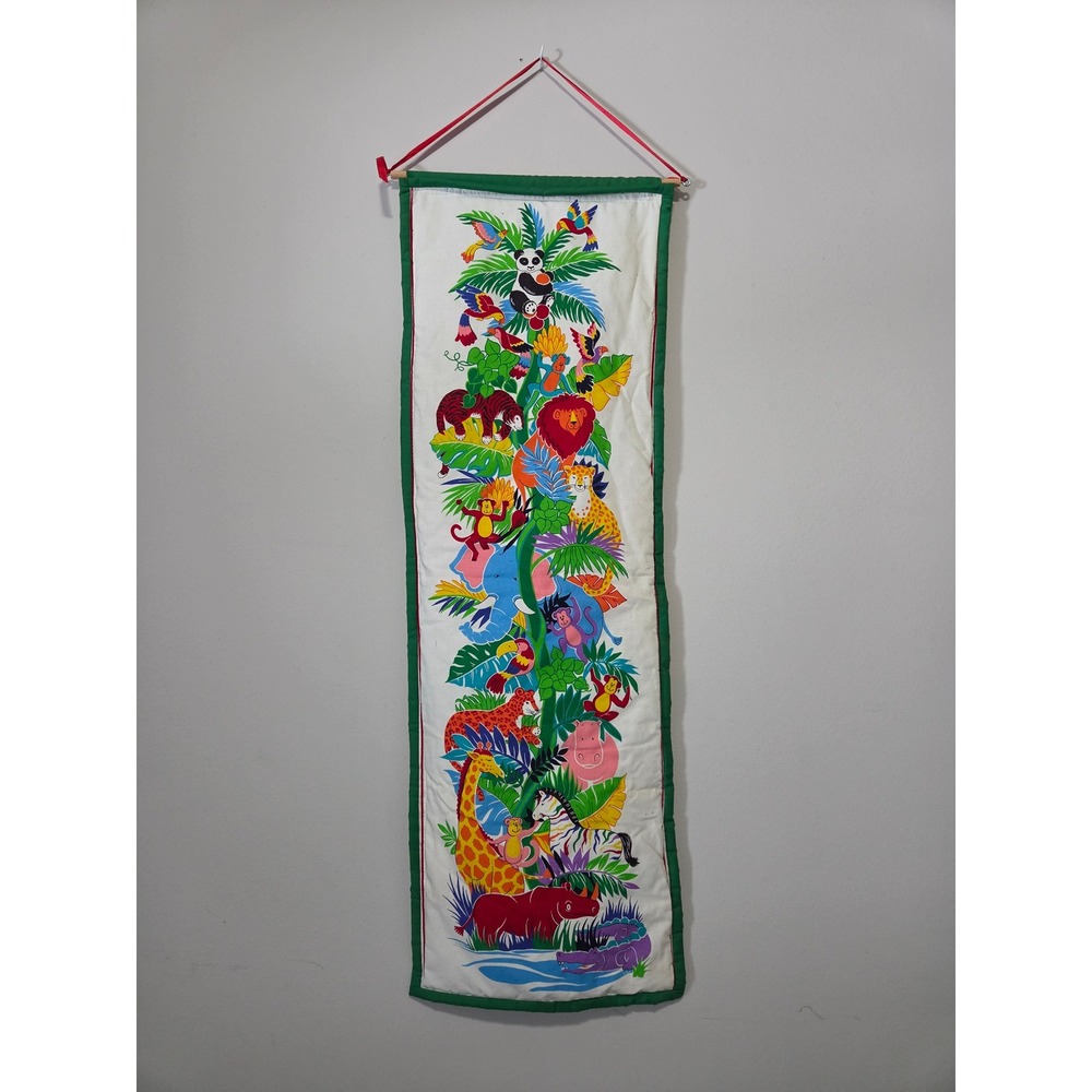 Vintage Quilted Jungle Safari Animal Wall Hanging Nursery Decor Lion Tiger 38x12